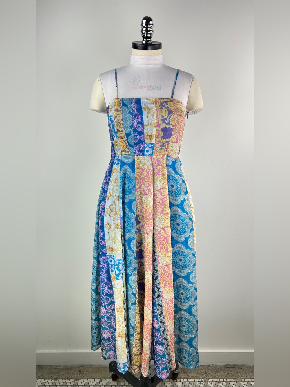 💚 3648. Bohemian Patchwork Midi Dress in Blue and Pink